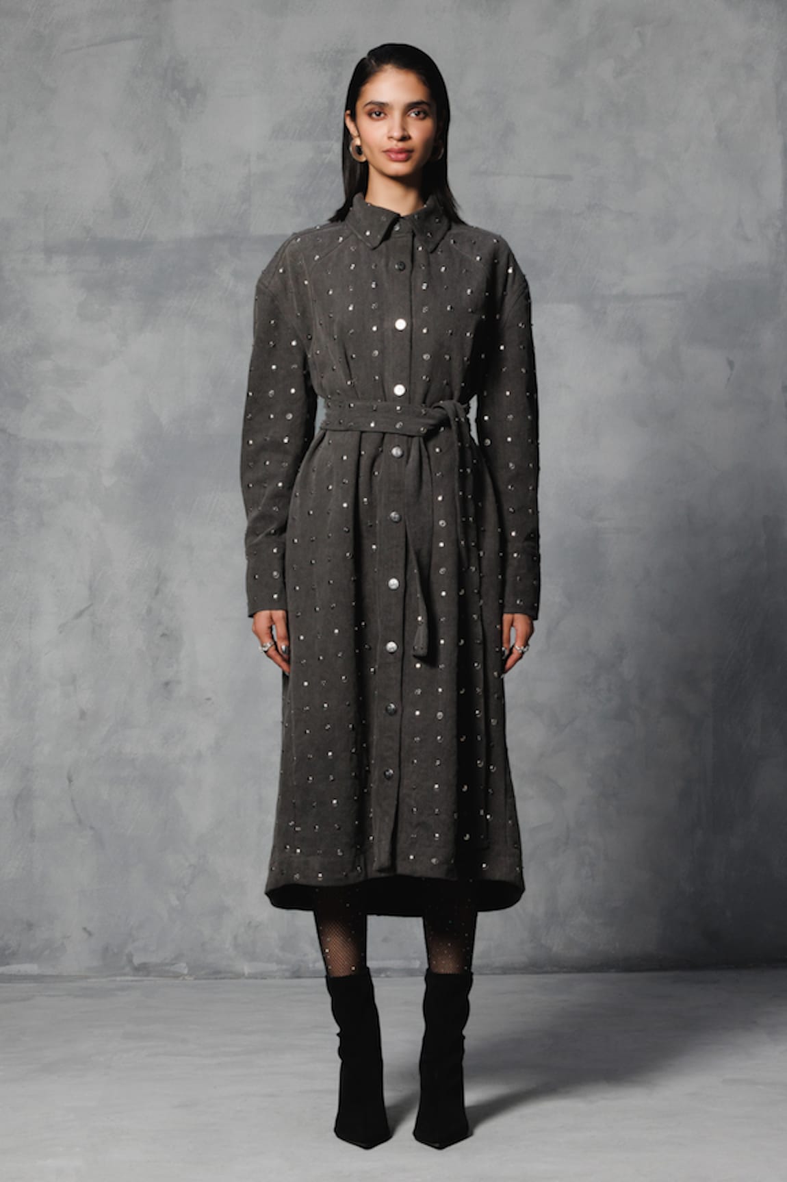 Mellowdrama Studs Embellished Trench Dress With Belt