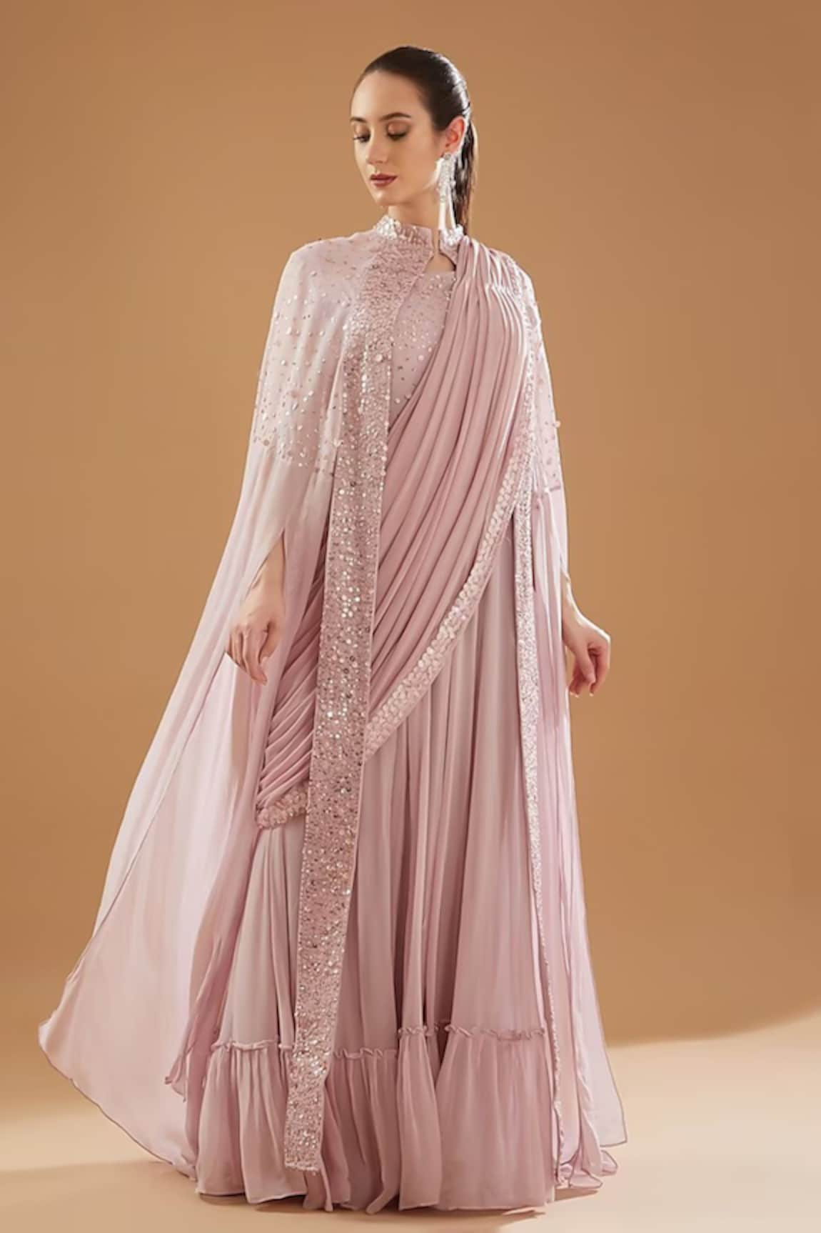 BAIDEHI Sequin Embellished Draped Saree Gown With Cape