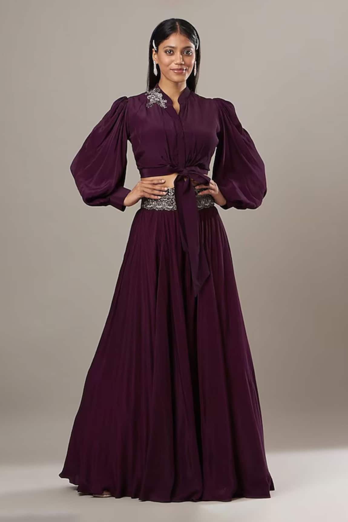 Baidehi Balloon Sleeve Solid Crop Top & Skirt Set 