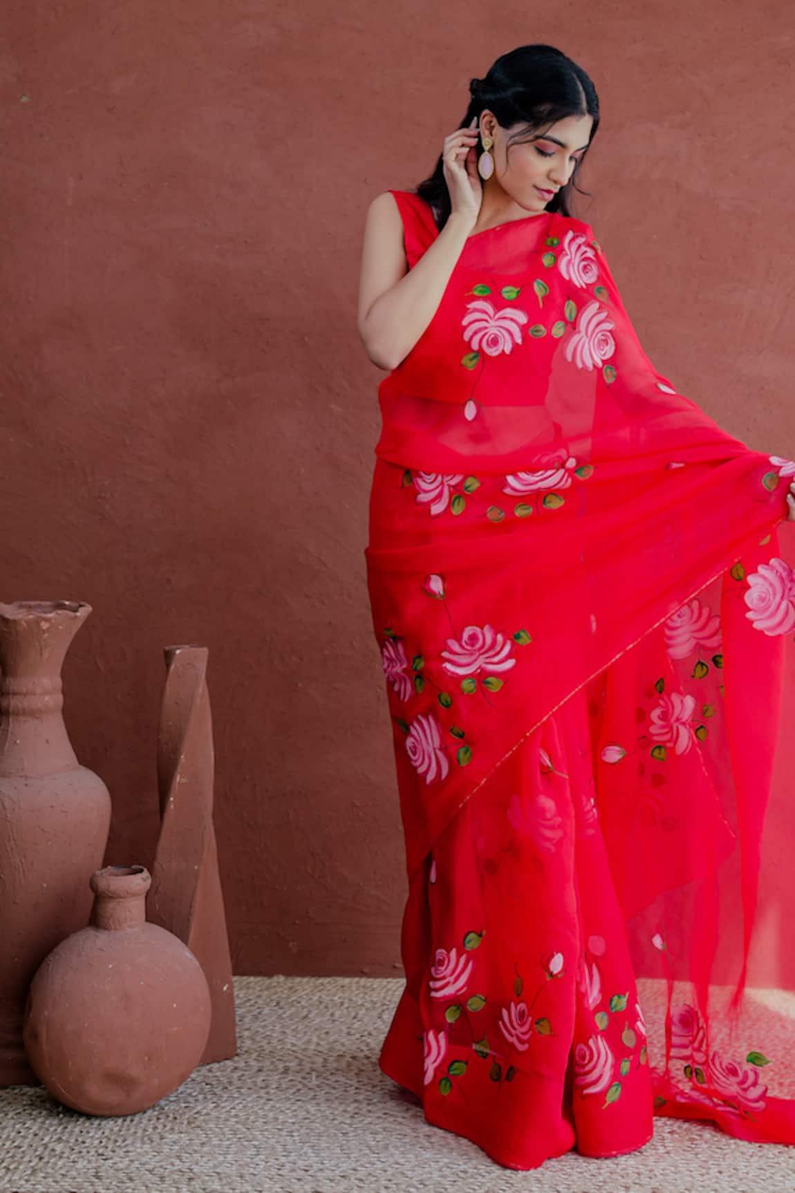 Mangalmay by Aastha Junoon Rose Hand Painted Saree With Unstitched Blouse Piece