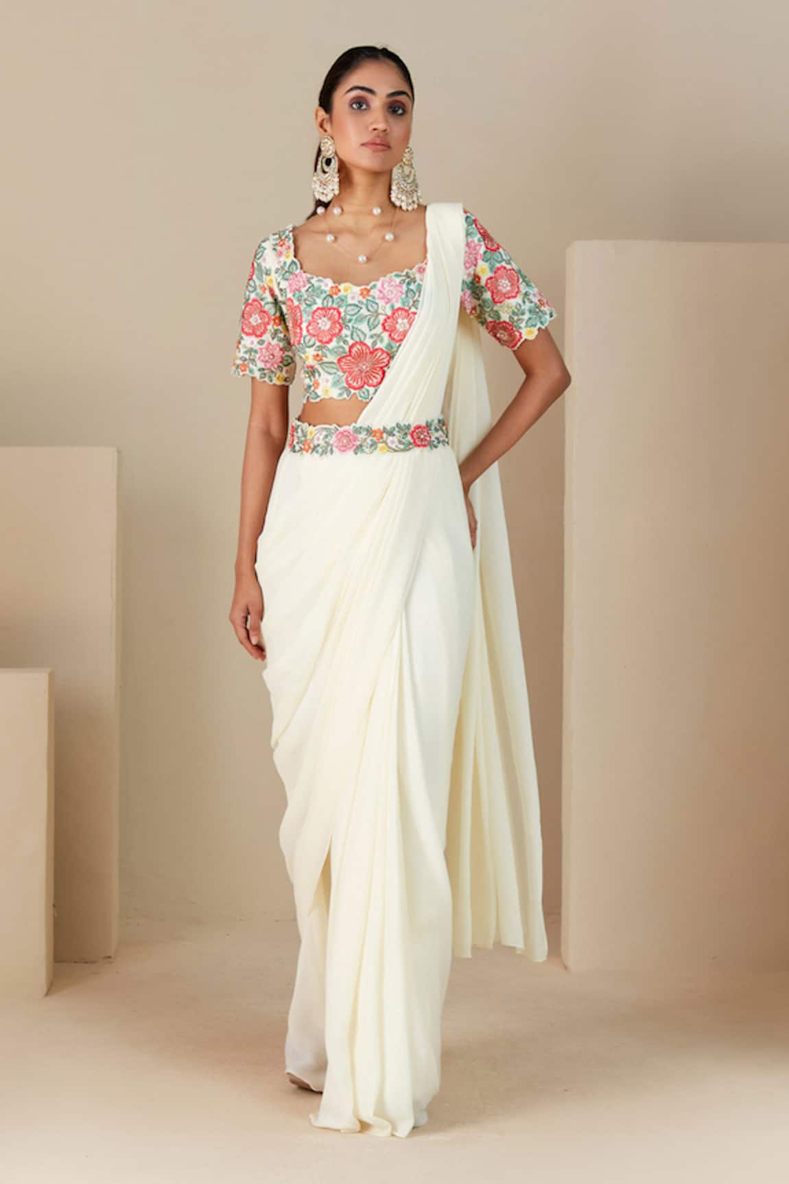 Suruchi Parakh Thread Embroidered Blouse & Pre-Draped Saree Set