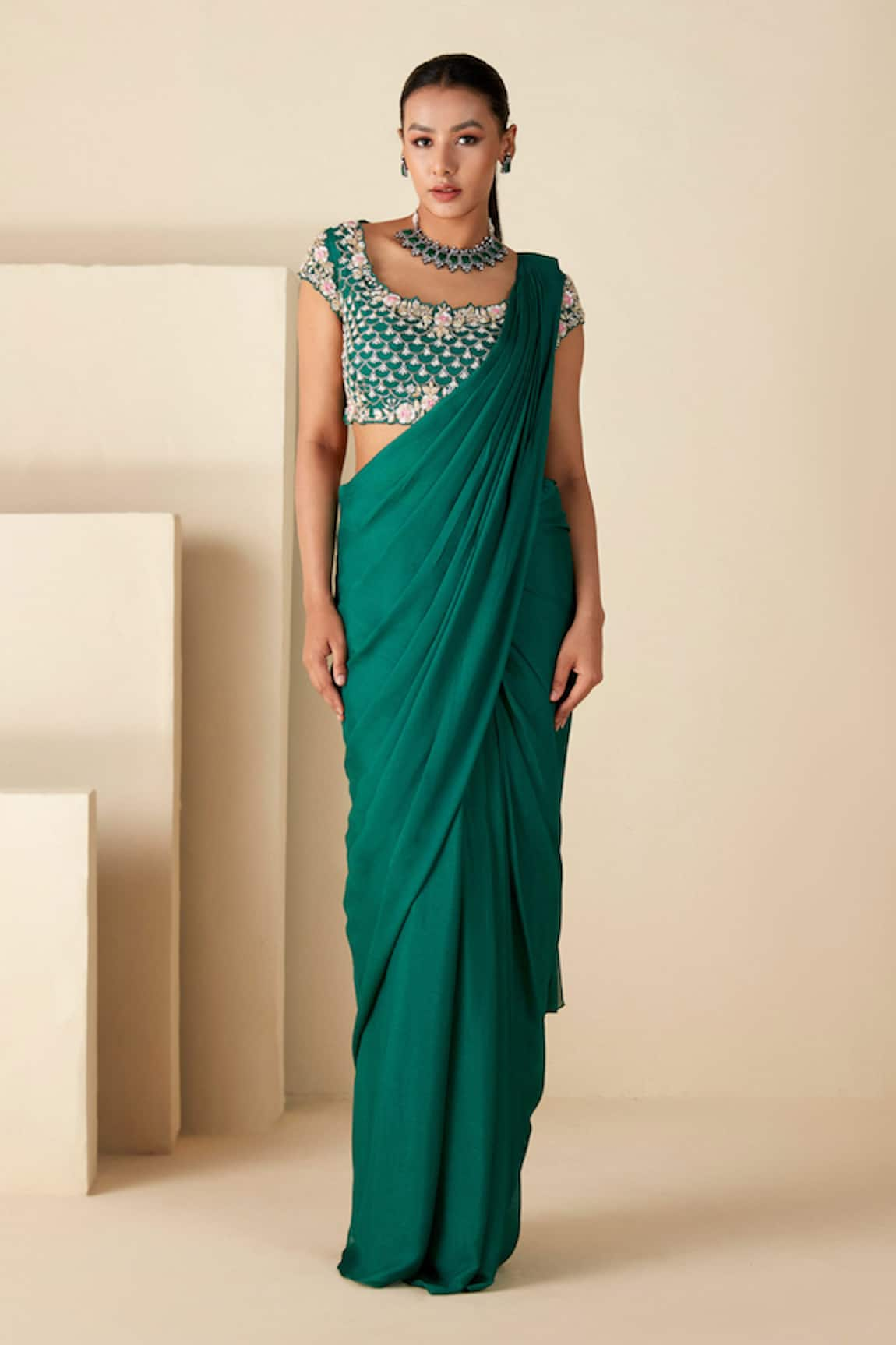 Suruchi Parakh Sequin Embroidered Blouse & Pre-Draped Saree Set