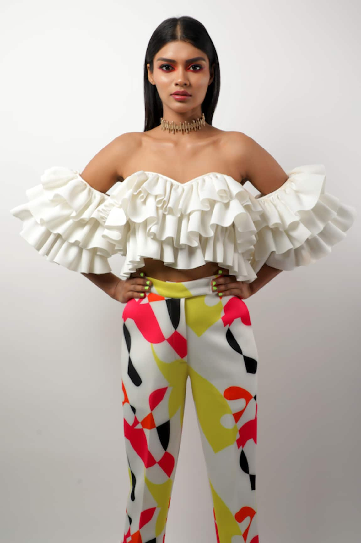 Ranbir Mukherjee Calcutta Ruffle Top & Printed Pant Set