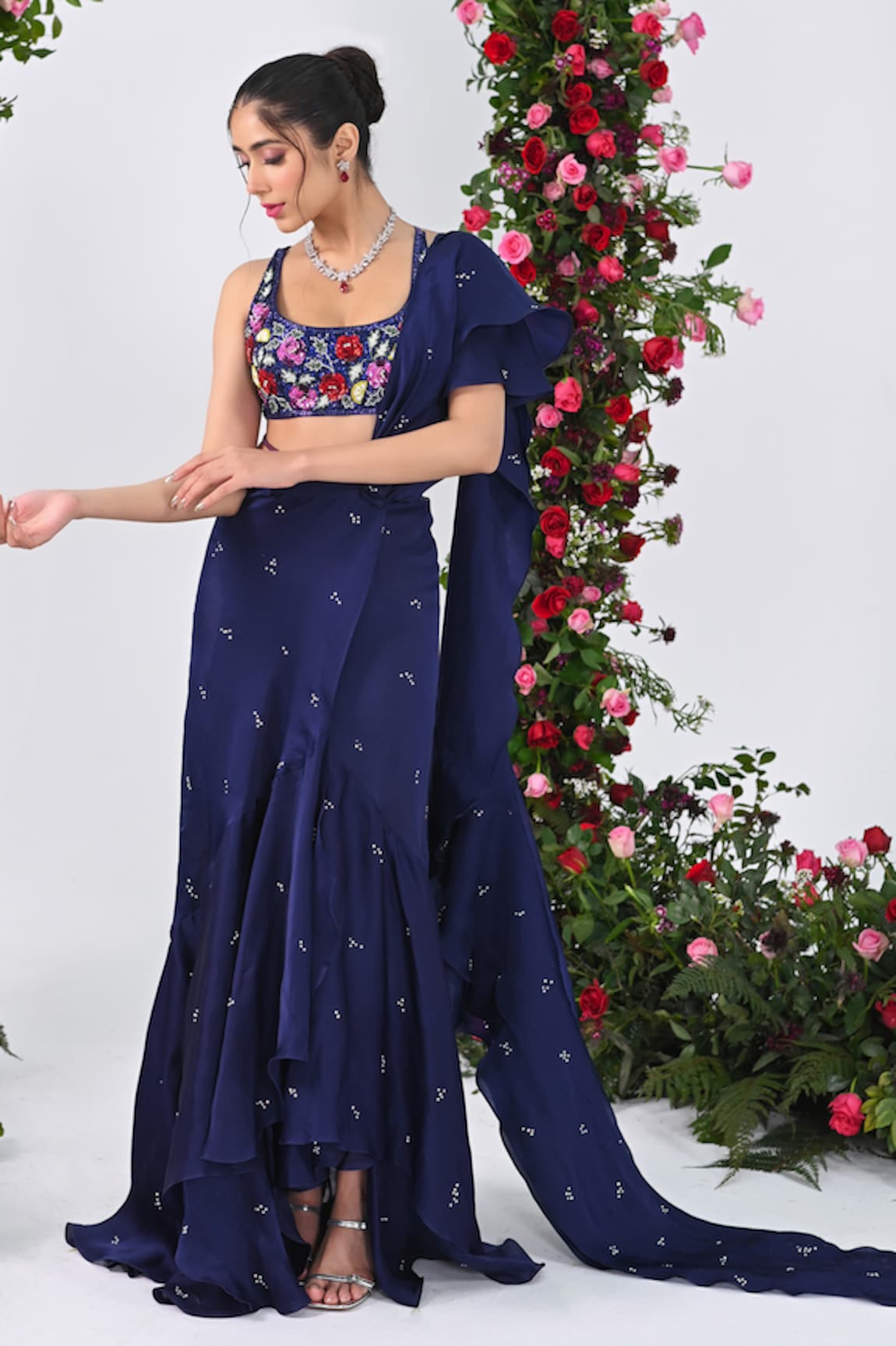 KIRAN KALSI Crystal Drops Embroidered Ruffled Lehenga Saree With Blouse