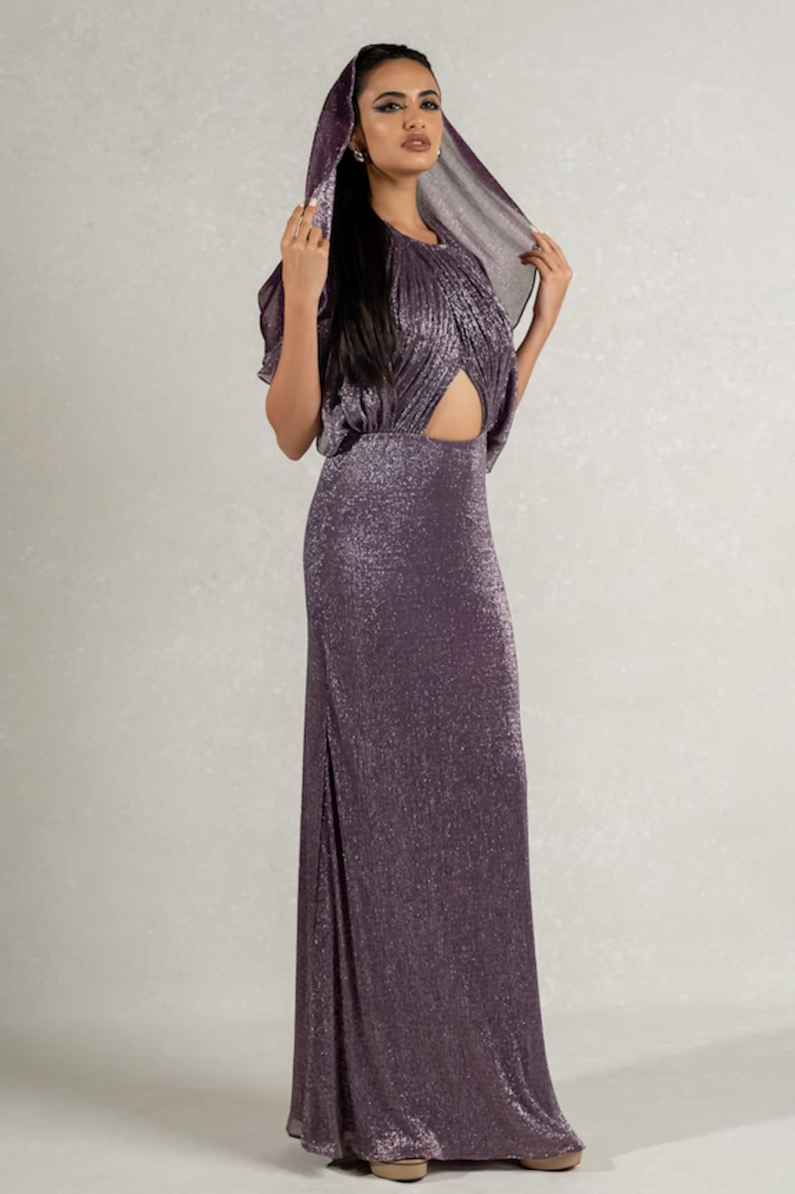 Pinup By Astha Metallic Backless Detachable Hood Gown