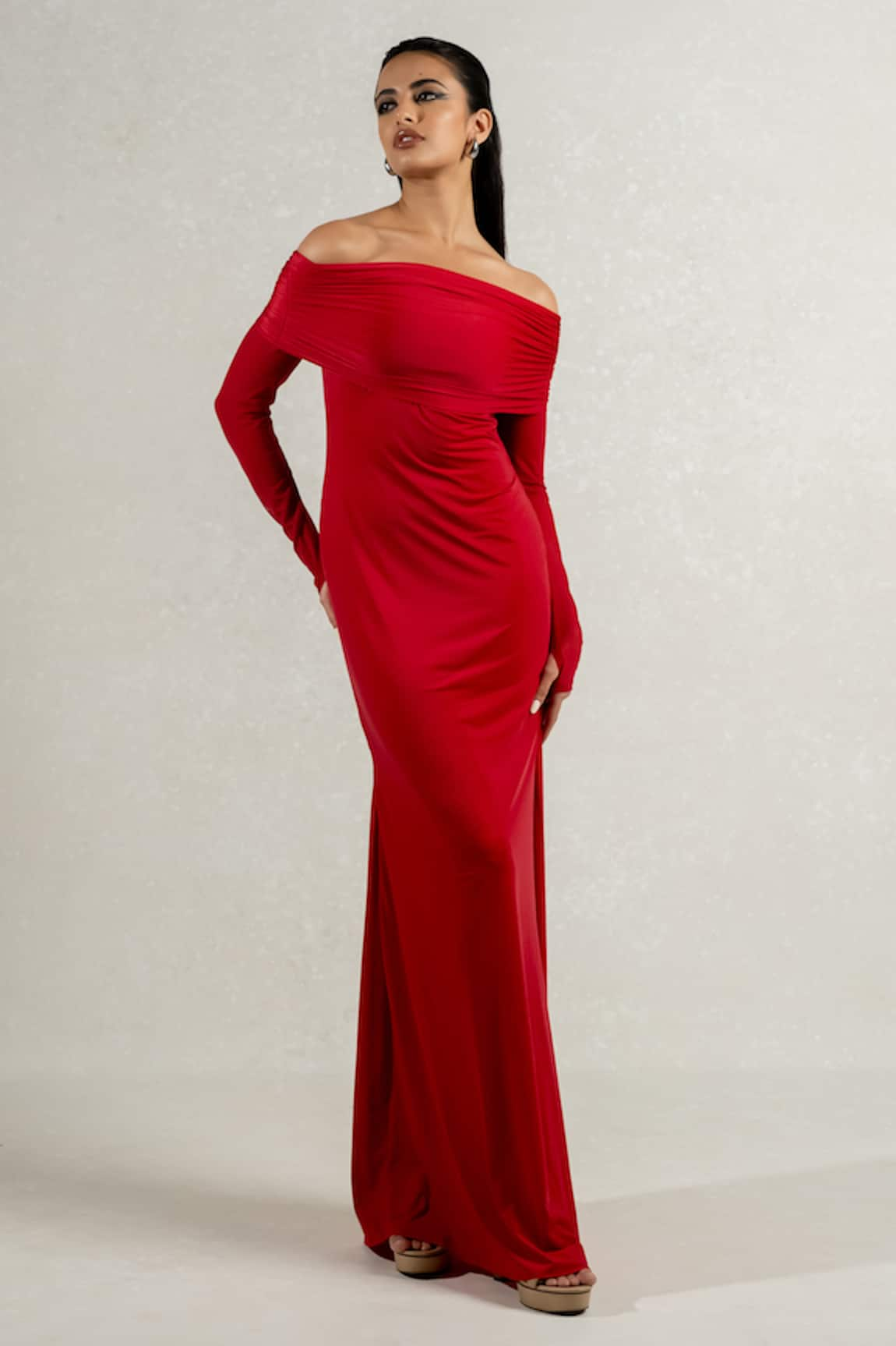 Pinup By Astha Off Shoulder Drapped Gown