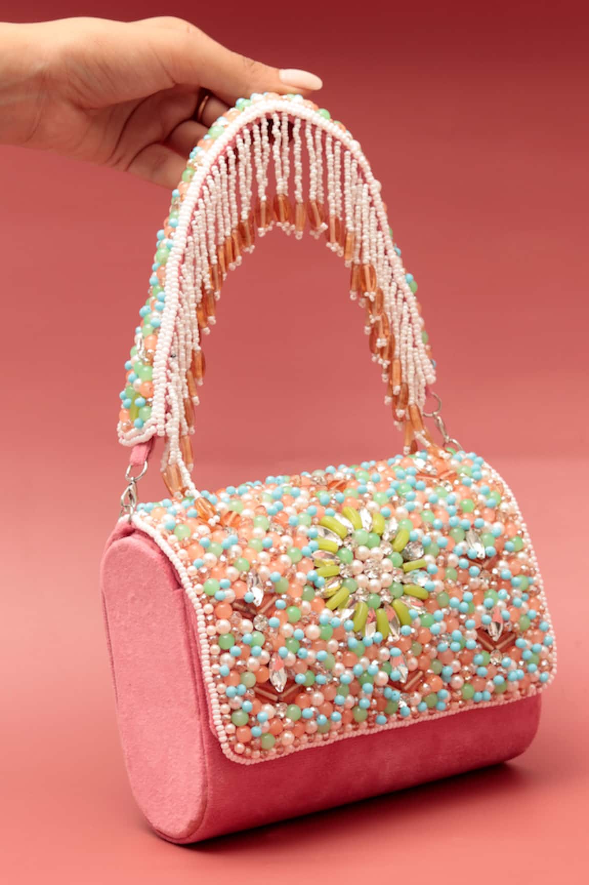THE TAN CLAN Floret Beads Embellished Flap Clutch Bag