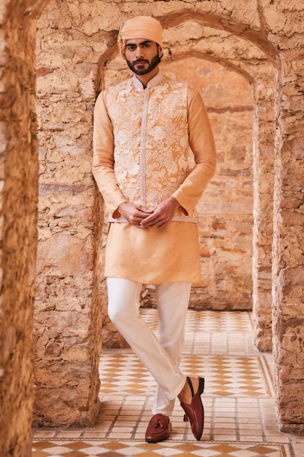 The Royaleum Floral Embroidered Bundi Kurta Set