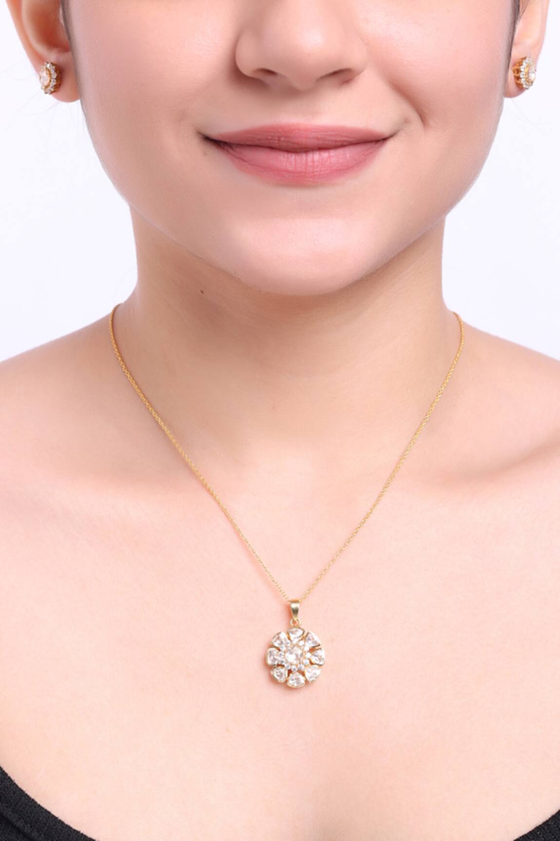 Sica Jewellery Gold Plated Moissanite Polki Earrings & Pendant Set 