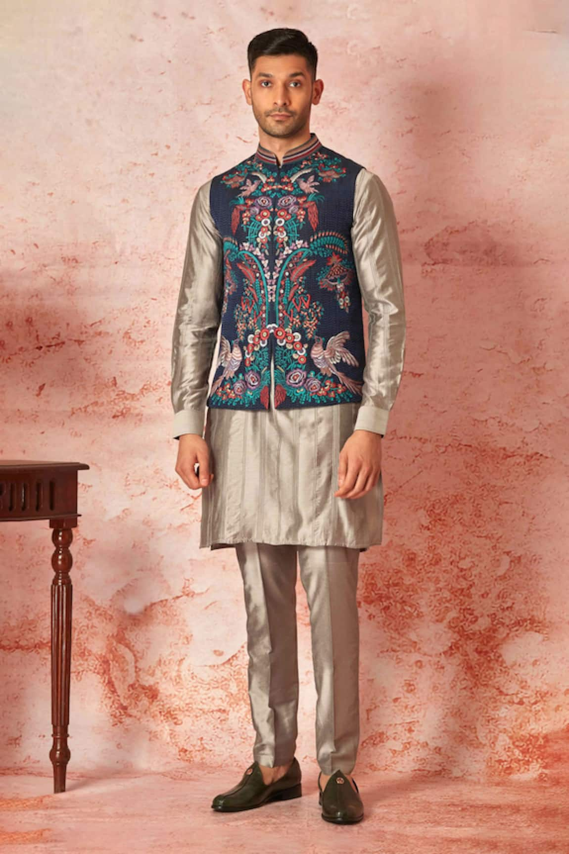 Asuka Silk Floral Embroidered Bundi Kurta Set