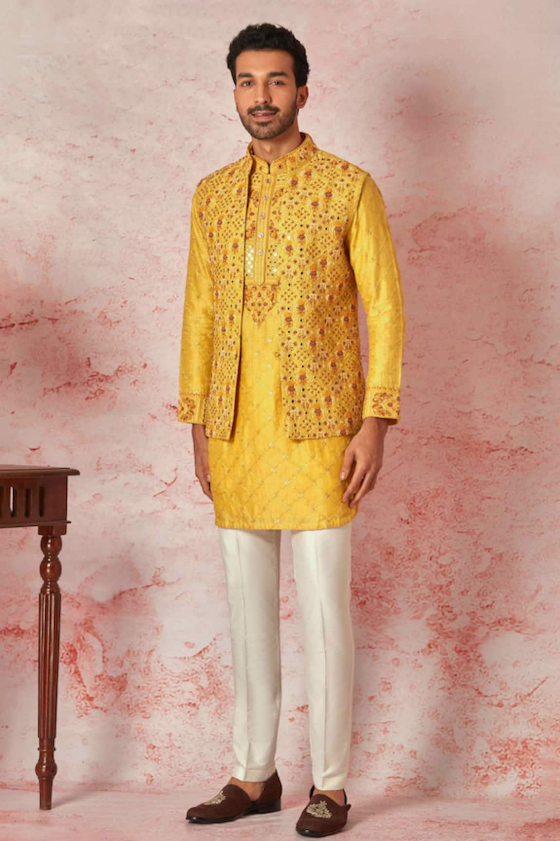 Asuka Floral Resham Embroidered Bundi Kurta Set