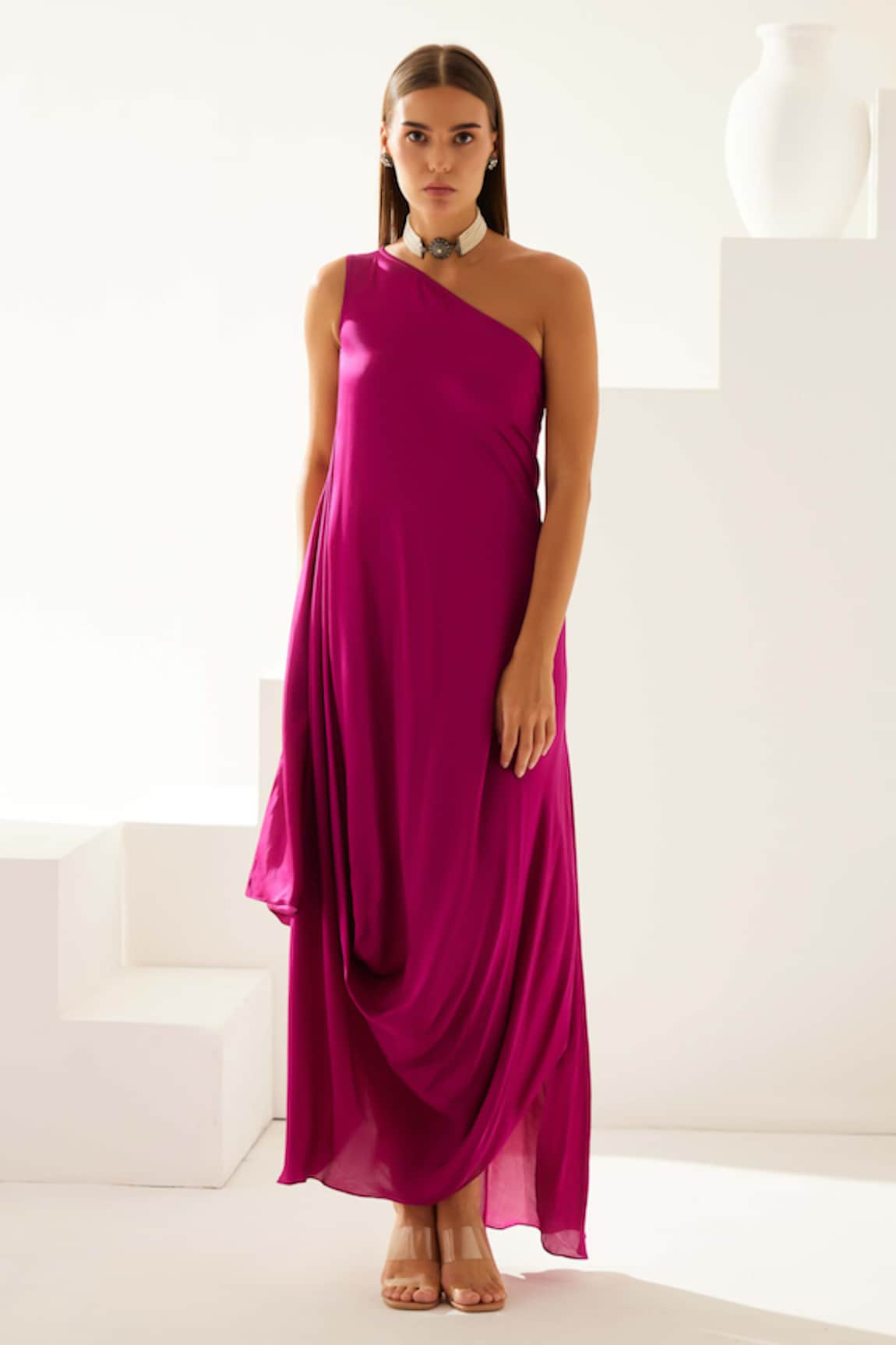 Wear JaJa Plain One-Shoulder Draped Midi Dress