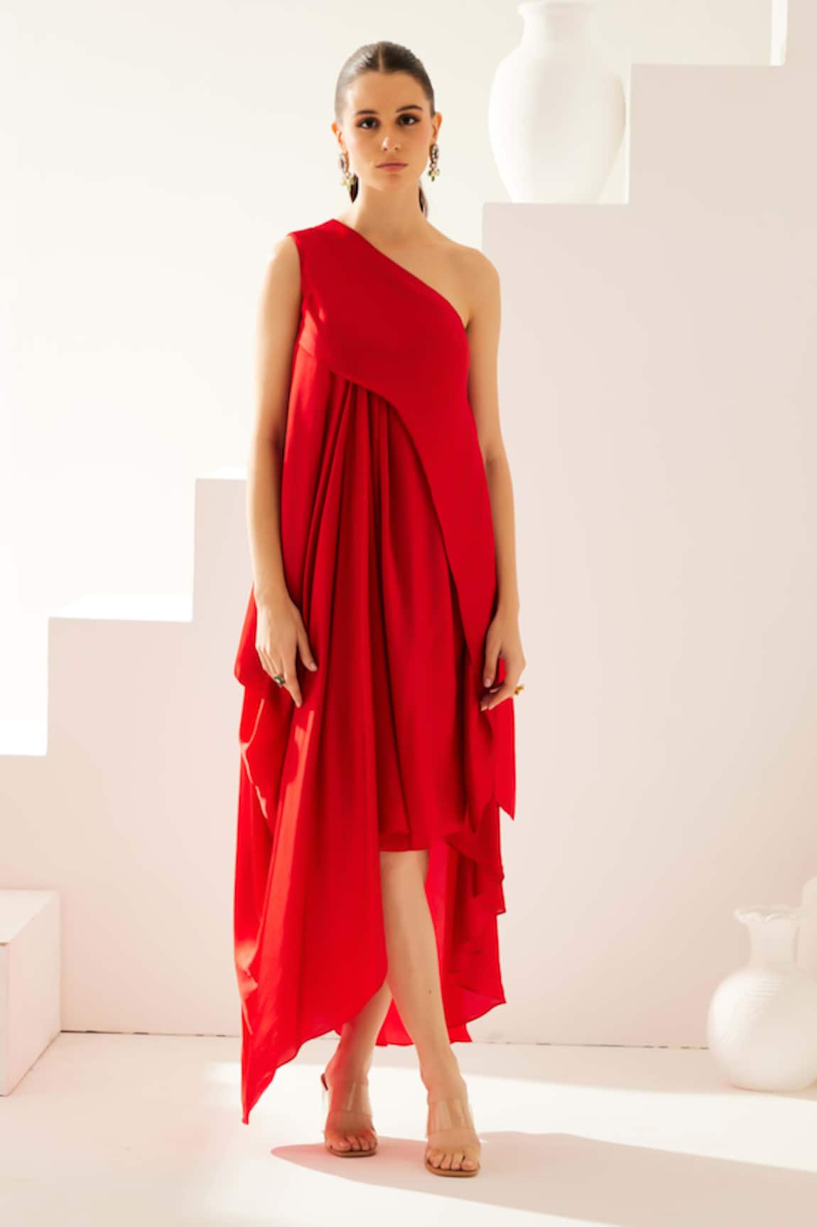 Wear JaJa Solid One-Shoulder Asymmetrical Midi Dress