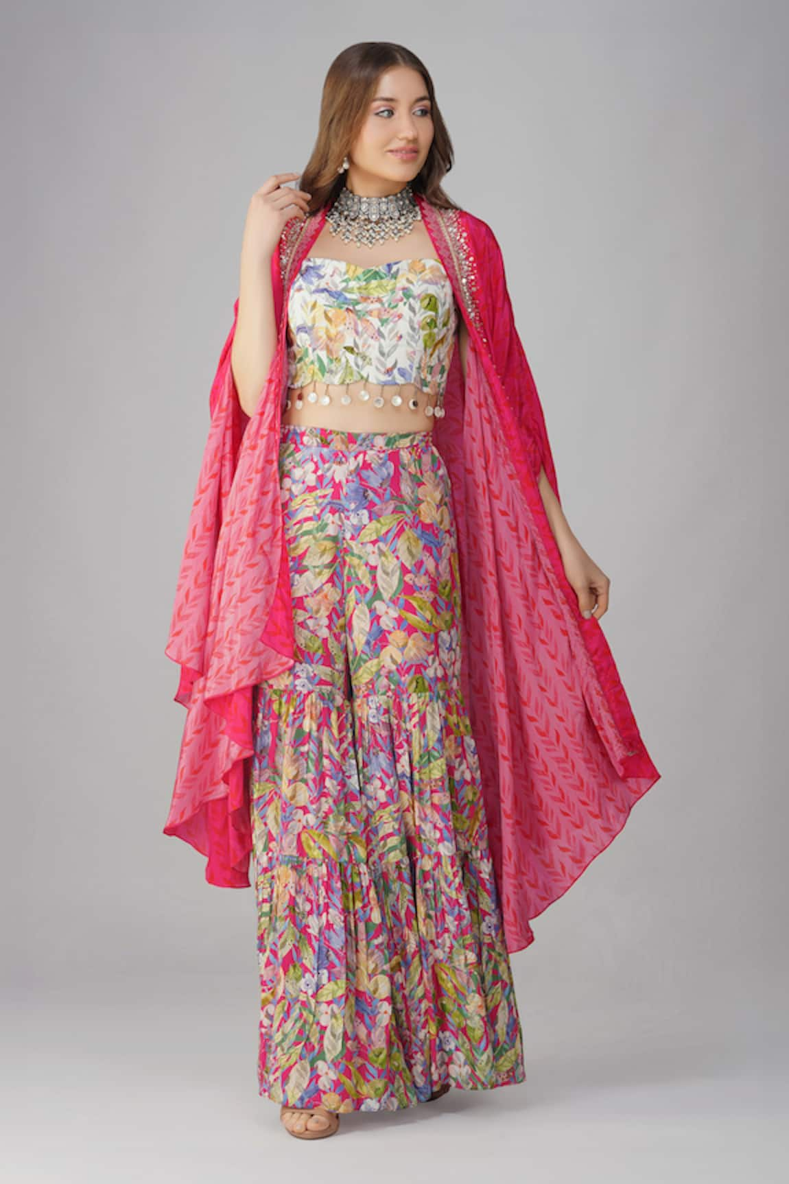 Devyani Mehrotra Leaf Print Cape Gharara Set