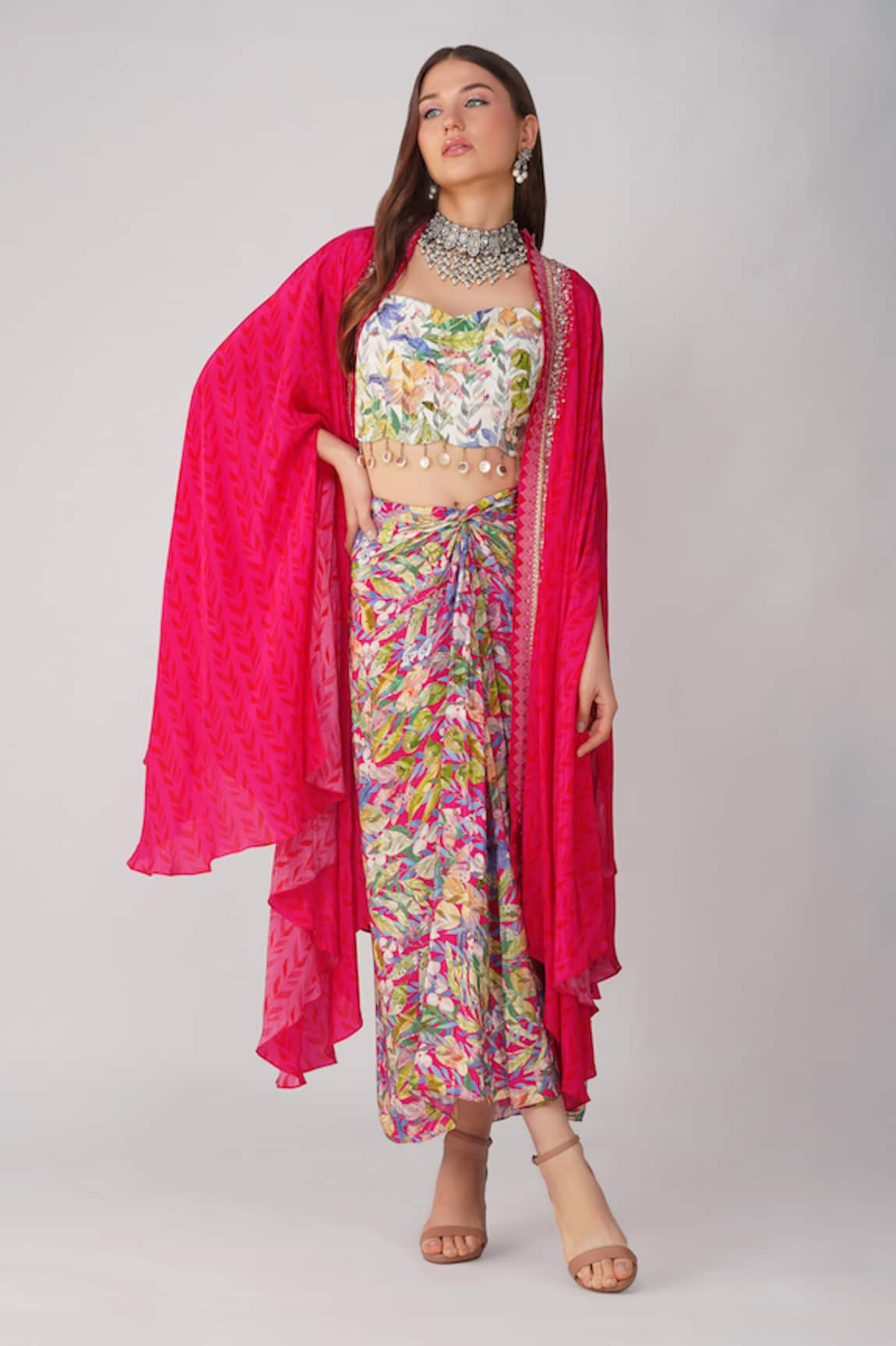 Devyani Mehrotra Leaf Print Cape Skirt Set