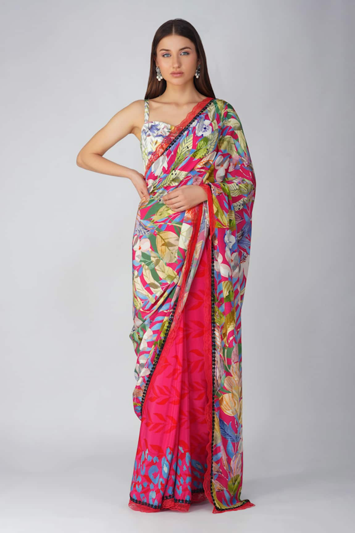 Buy Green Saree Silk Organza Printed Floral Gota Work With Blouse For Women  by Ruhr India Online at Aza Fashions.