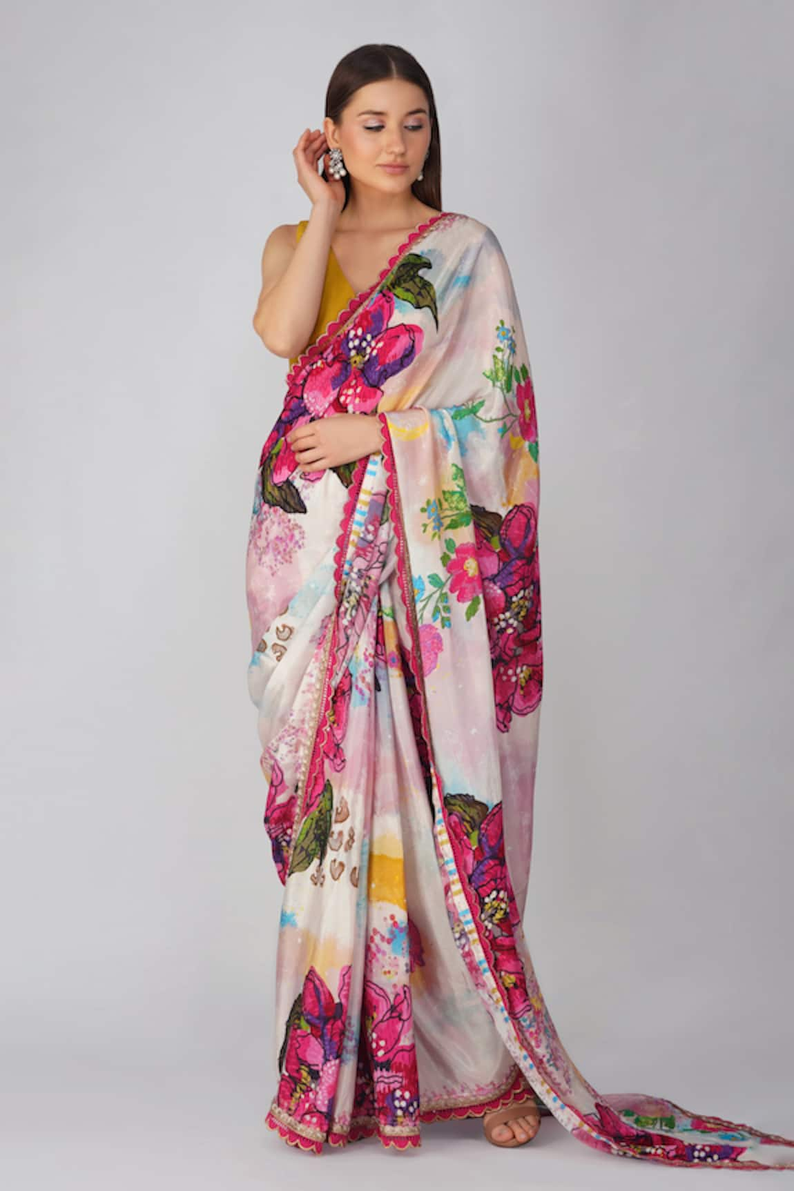 Devyani Mehrotra Flower Print Saree With Unstitched Blouse Piece