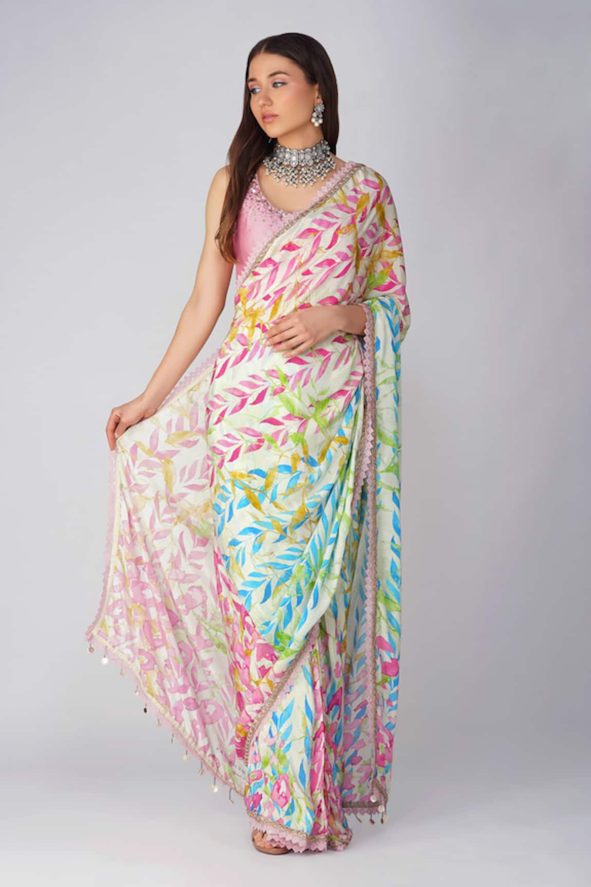Devyani Mehrotra Leaf Print Pre-Stitched Saree & Blouse Set