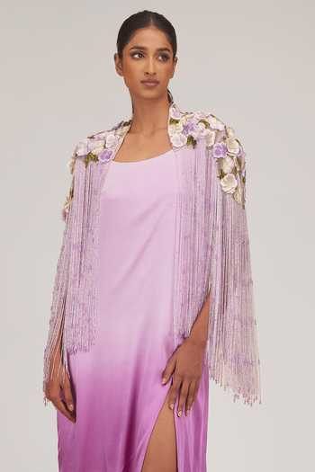 Buy Purple Tulle, Satin Embroidery Round Neck Solid Dress With