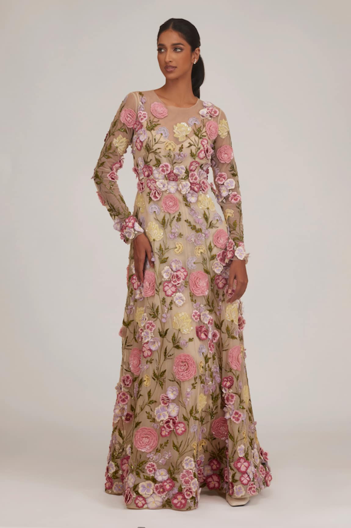 SHRIYA SOM 3-D Floral Applique Embellished Gown