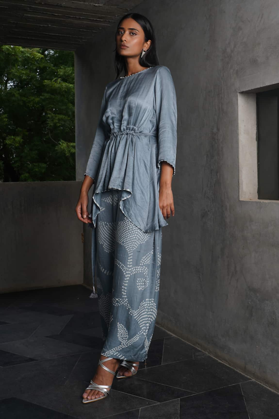 Dyelogue Asymmetric Grey Bandhani Top & Pant Set