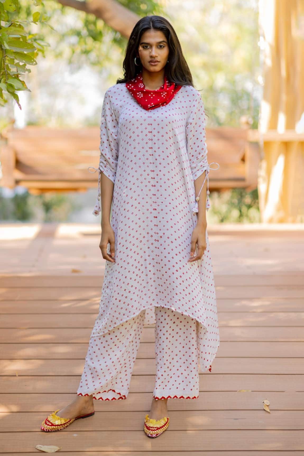 Dyelogue Bandhani Print Asymmetrical Kurta & Pant Set