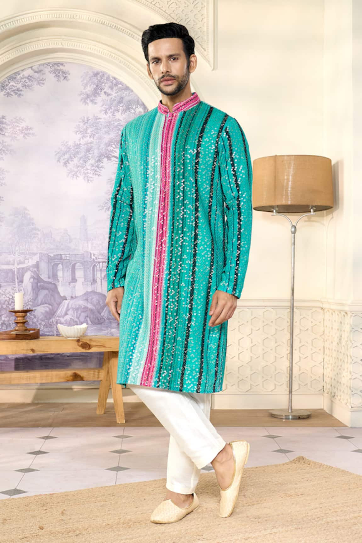 Kasbah x AZA Sequin Striped Embroidered Kurta With Pant