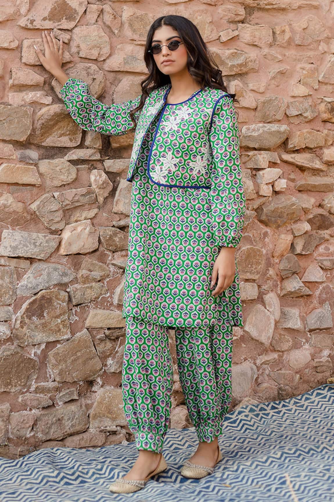 Gulabo Jaipur Qia Clover Fleur Print Quilted Jacket Kurta Set