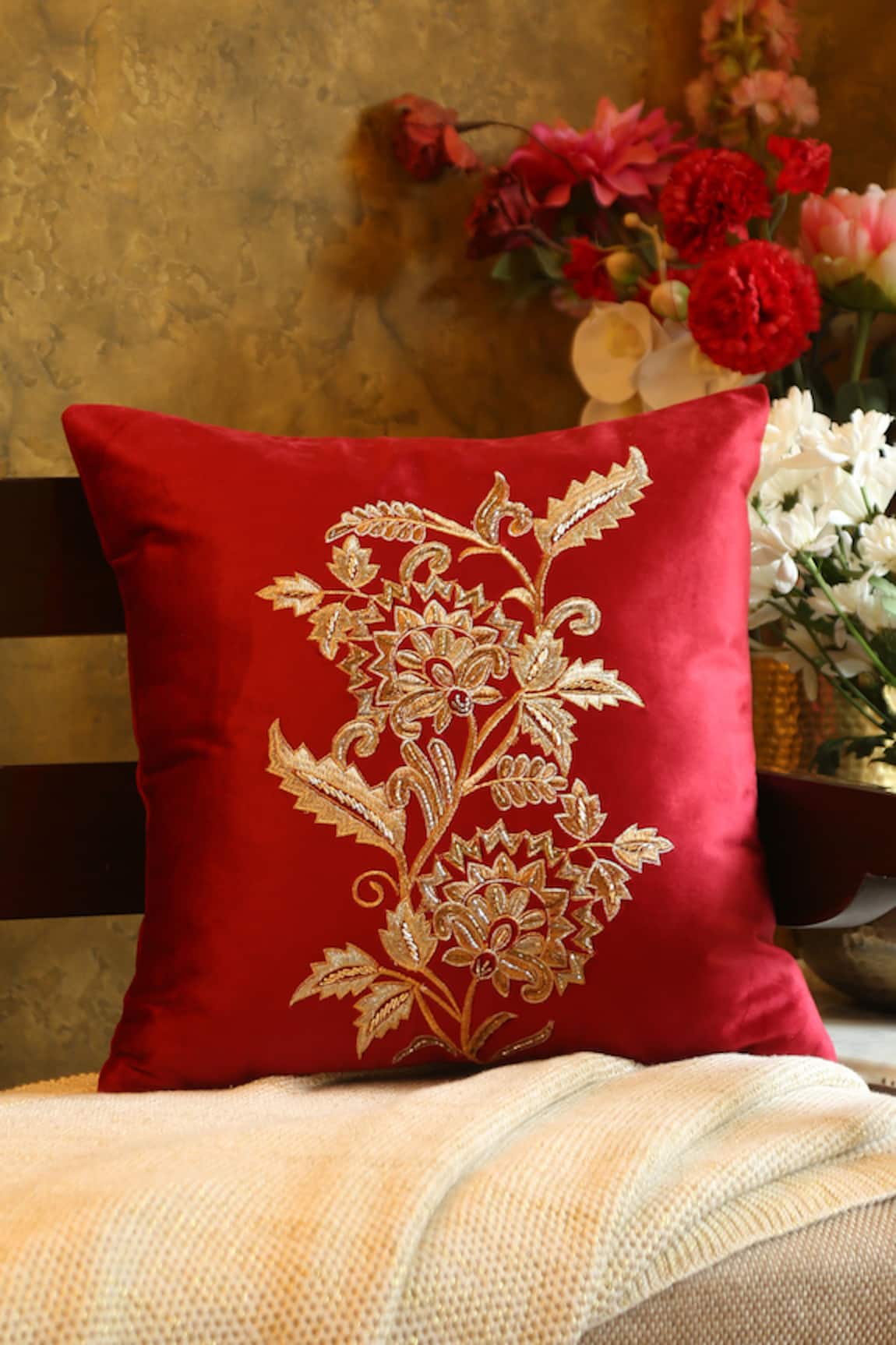 Amoliconcepts Flower Embroidered Cushion Cover