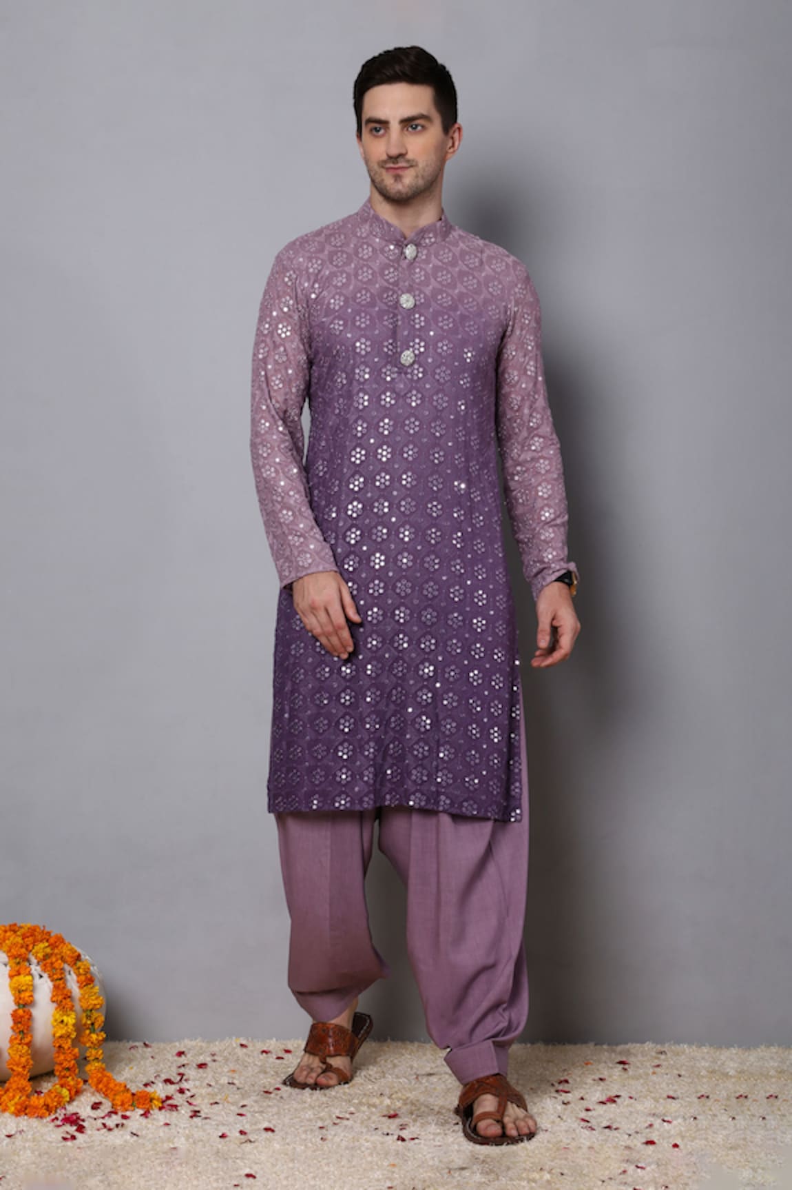 MENERO Floral Mirrorwork Embroidered Kurta With Pathani