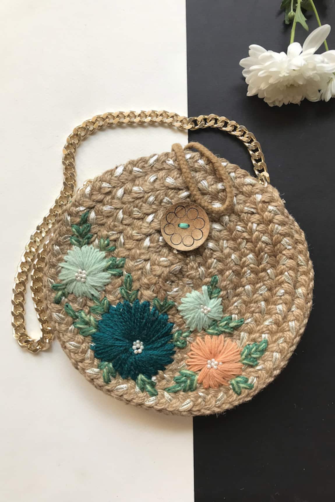 DHAAGA LIFE Bloom Embroidered Full Moon Jute Clutch Bag