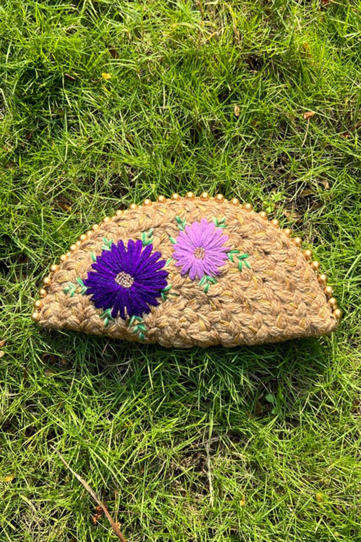 DHAAGA LIFE Phool Embroidered Half Moon Clutch