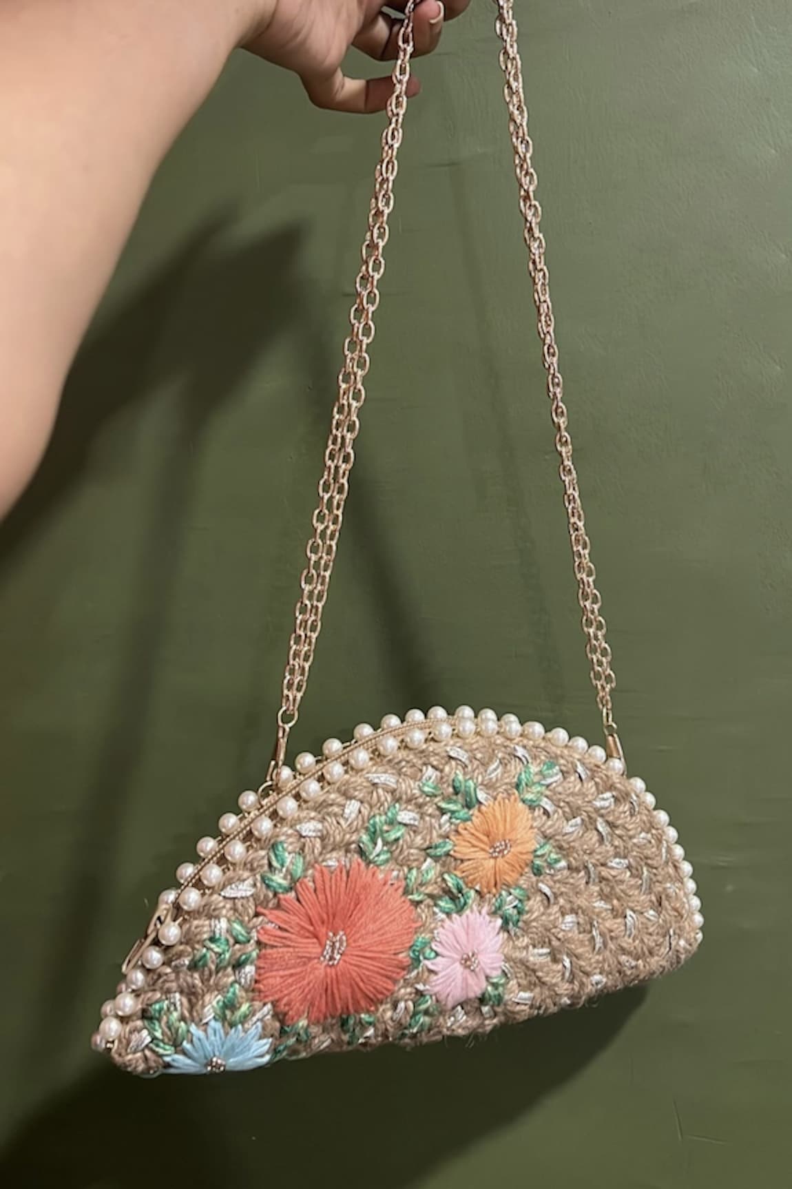 DHAAGA LIFE Half Moon Bouquet Embroidered Clutch