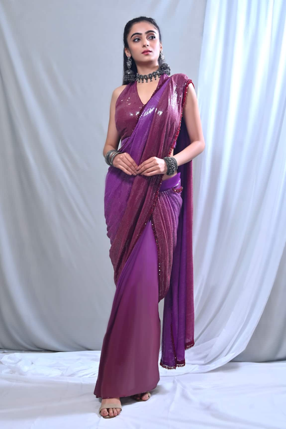 Mirkashi Embellished Bead Tasselled Pre-Draped Saree With Blouse