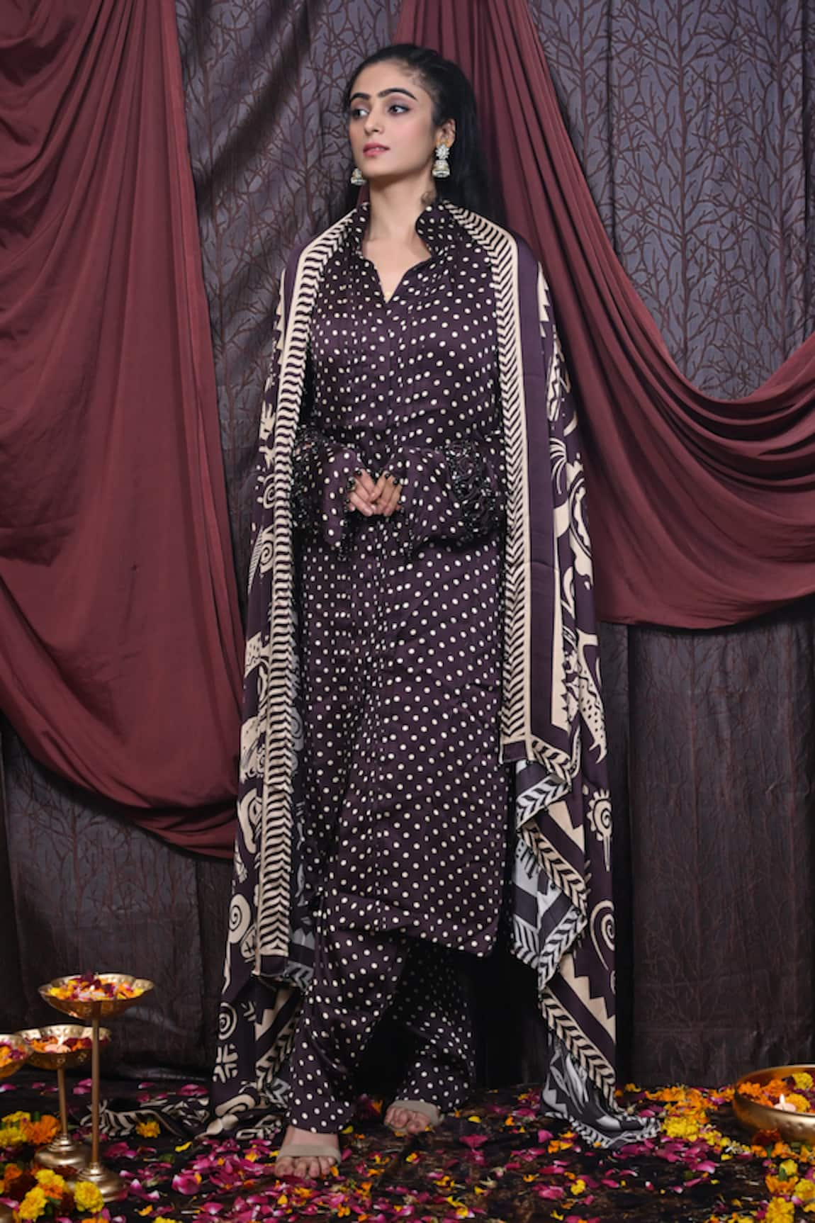 Mirkashi Polka Dot Print Pleated Kurta Pant Set