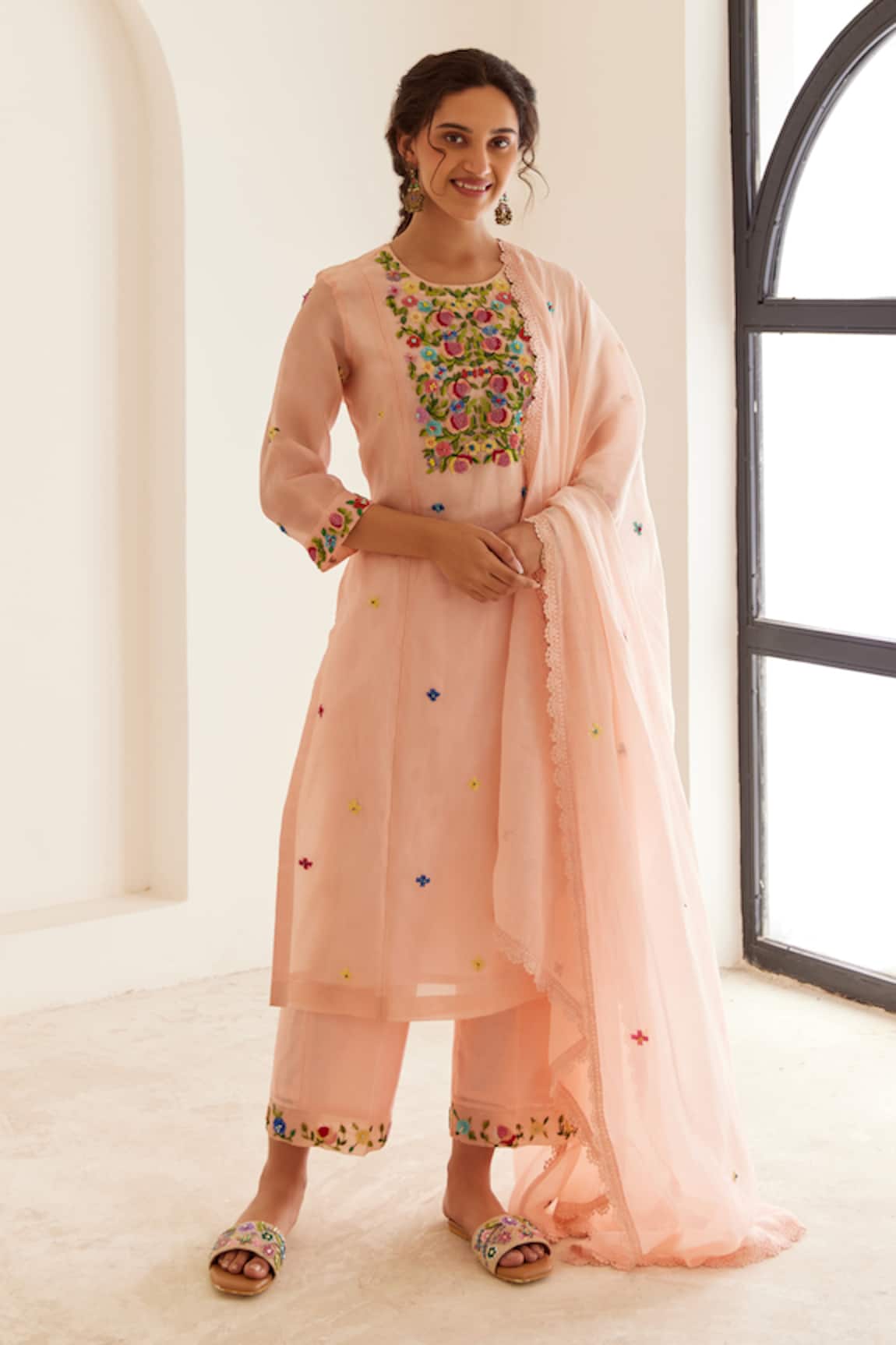 House of Pink French Knot & Sequin Embroidered Kurta Pant Set
