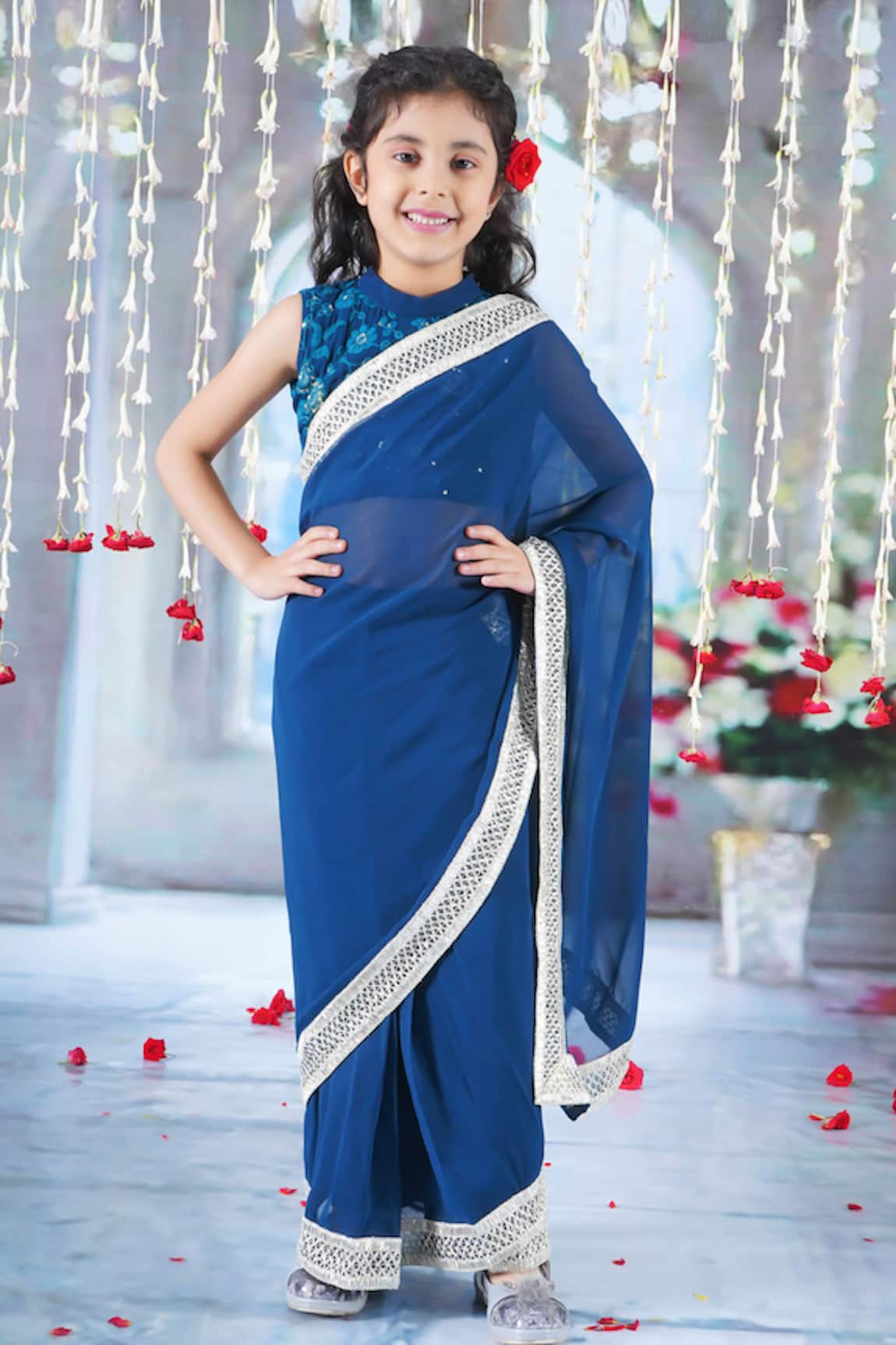Little Bansi Jaal Embroidered Border Pre-Draped Saree With Blouse