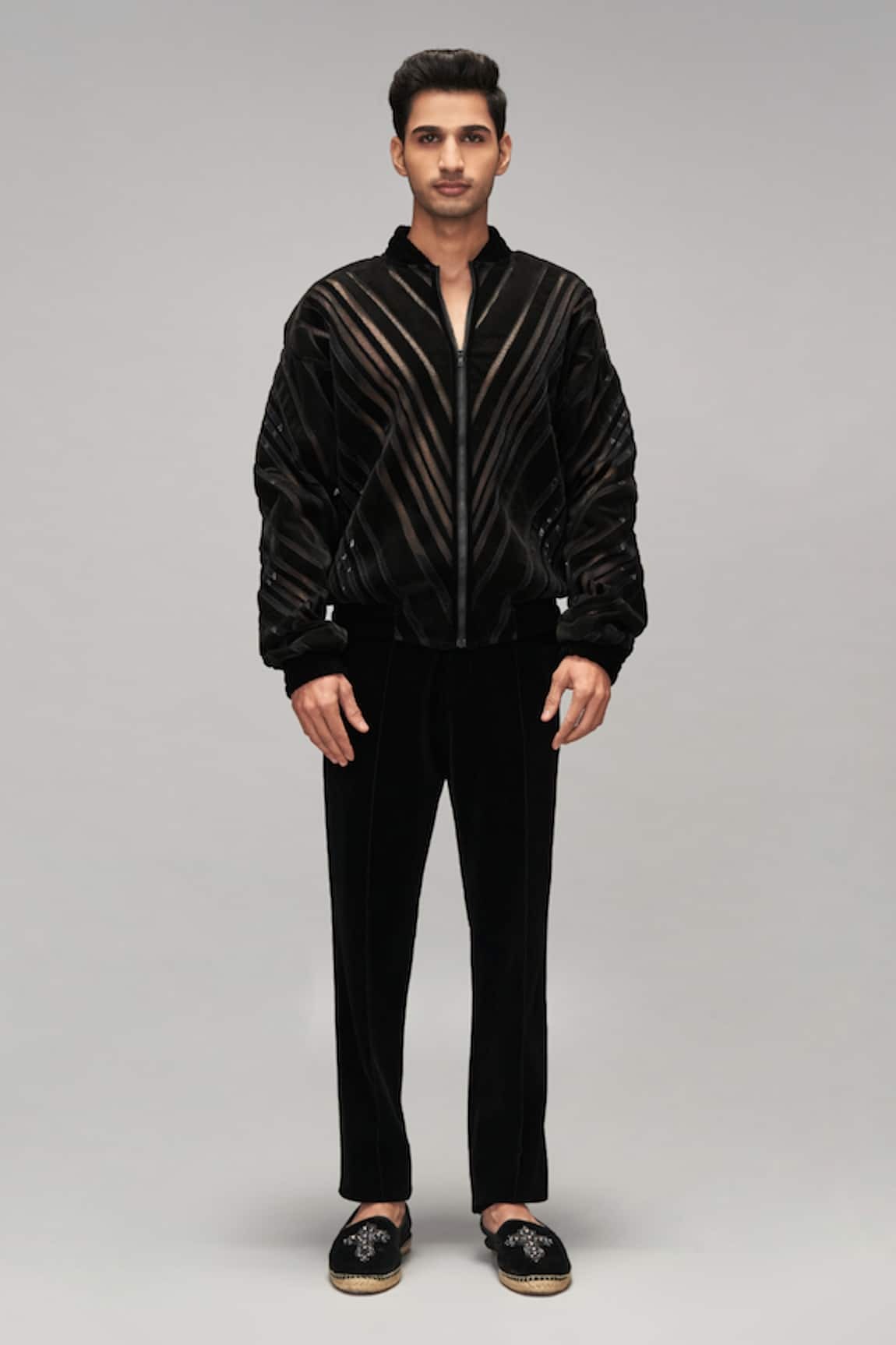 Siddartha Tytler Gradient Velvet Strip Work Bomber Jacket