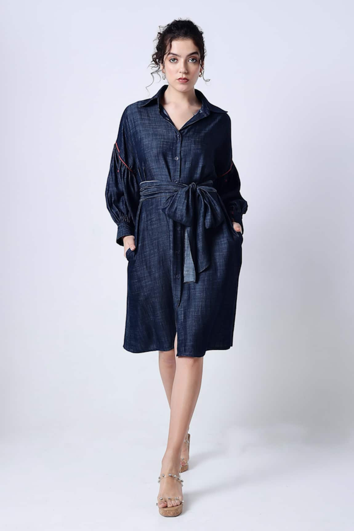 Style Junkiie Plain Bow Tie-Up Shirt Dress