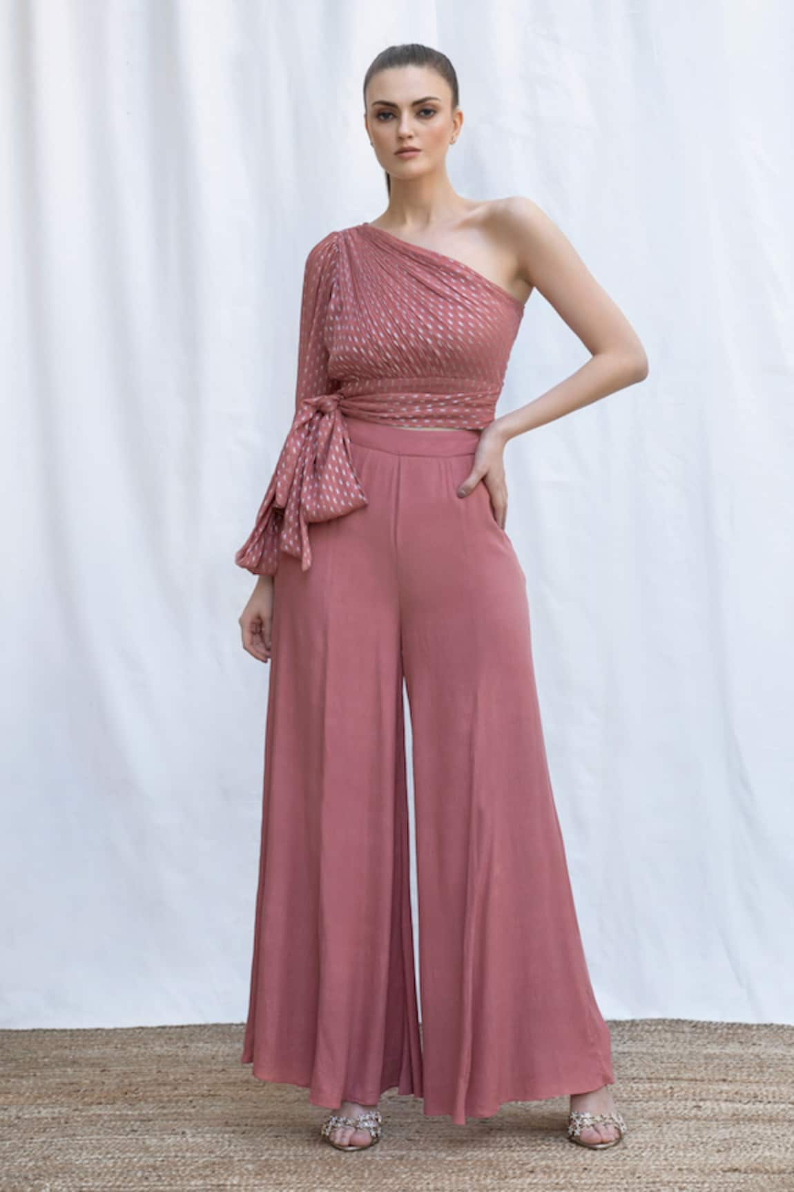 AMRTA by GUNEET KONDAL Hand Pleated One Shoulder Top With Flared Pant