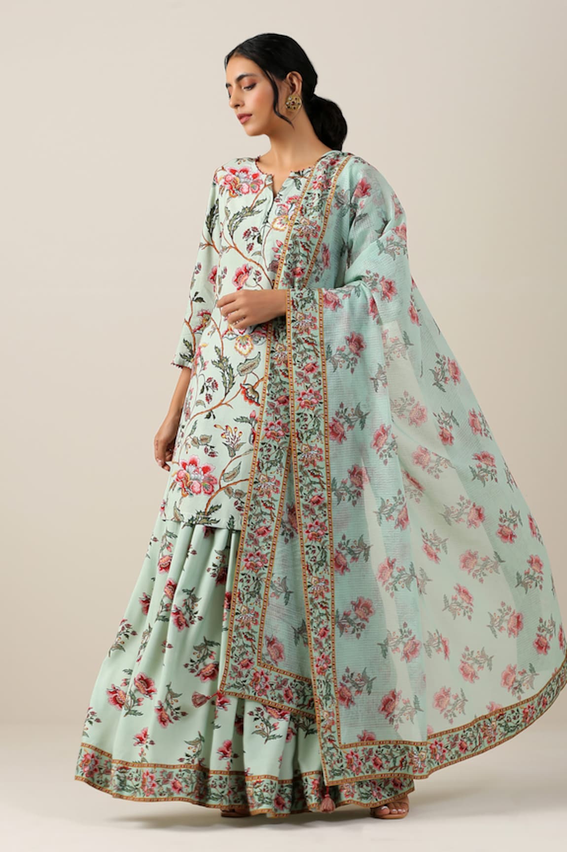 SAMVRIH Harita Suman Floral Jaal Print Kurta Skirt Set