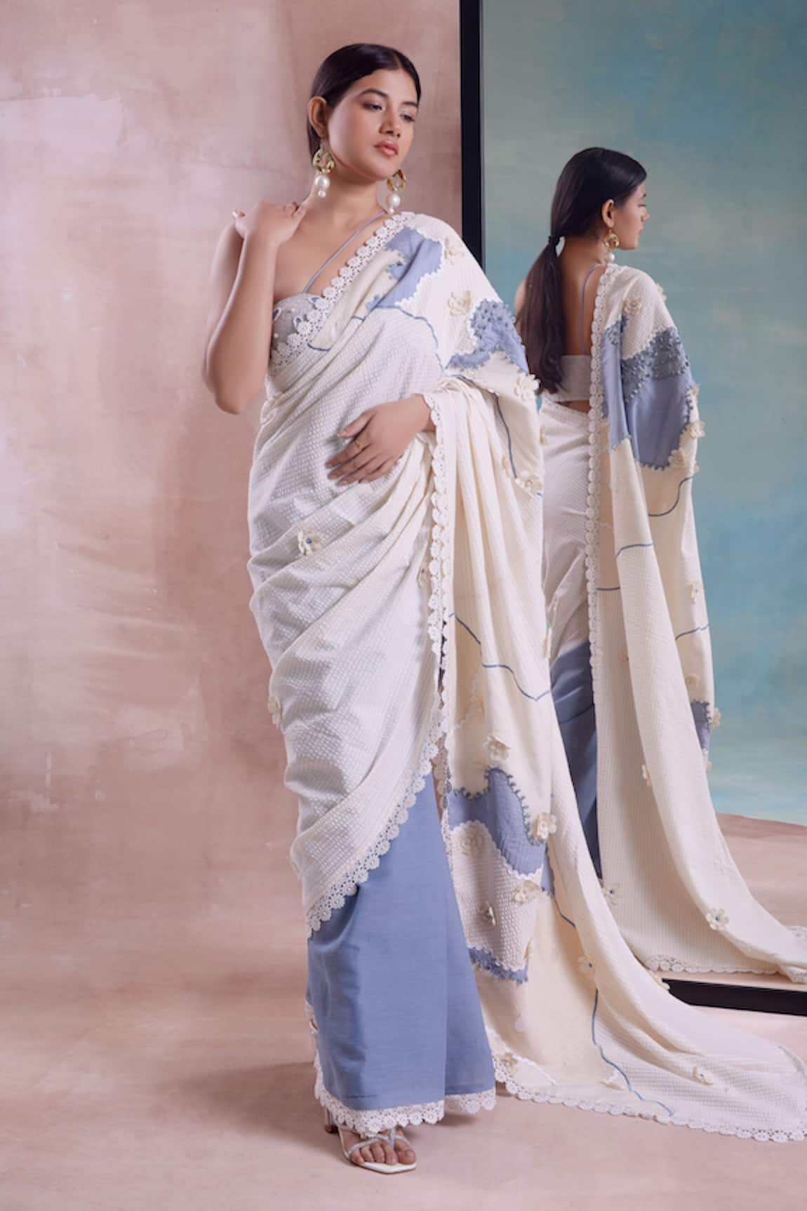 Shwetanga Blossom Applique Seersucker Saree With Off Shoulder Blouse