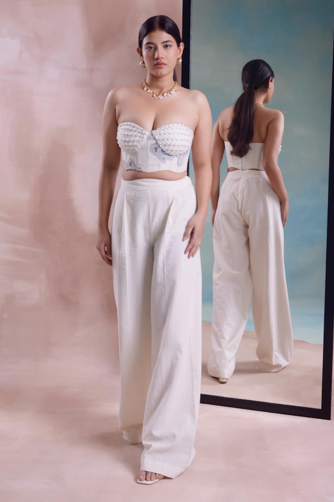 Shwetanga Pearl Embellished Bustier With Flared Seersucker Pant