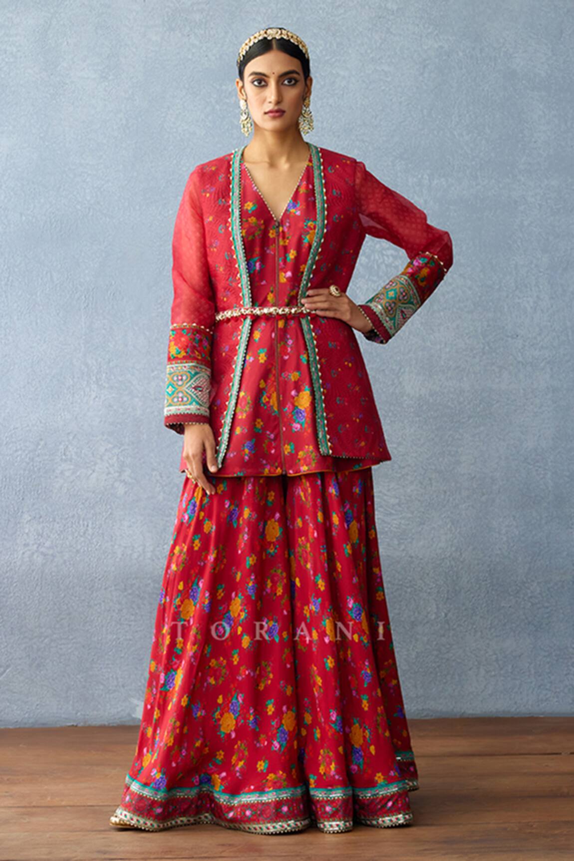 Torani Floral Print Jacket & Peplum Kurta Sharara Set 