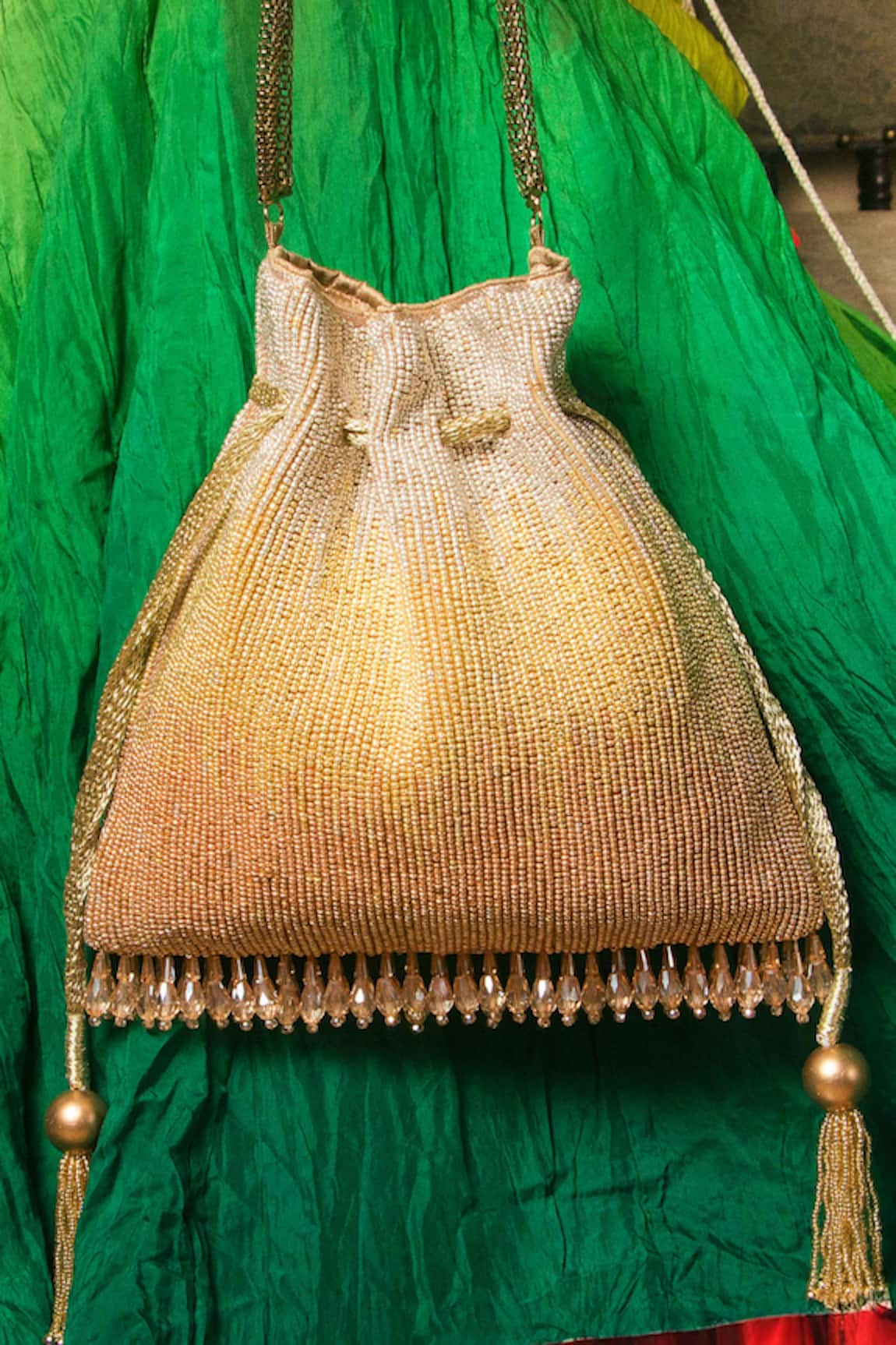 The Pink Potli Sand Dune Bead Work Tasseled Potli Bag