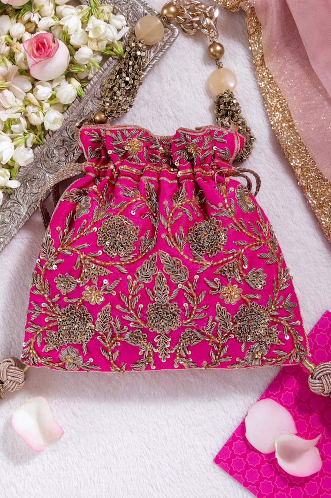 The Pink Potli Gulabo Floral Embroidered Potli Bag