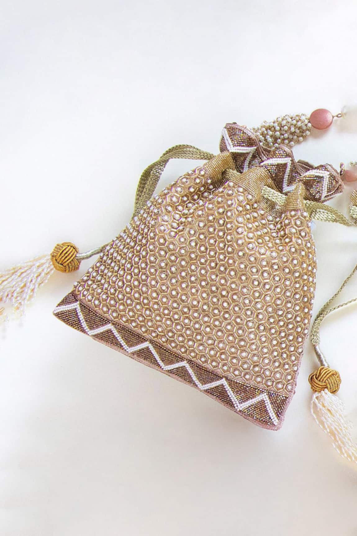 The Pink Potli Pearl Honeycomb Embellished Potli Bag