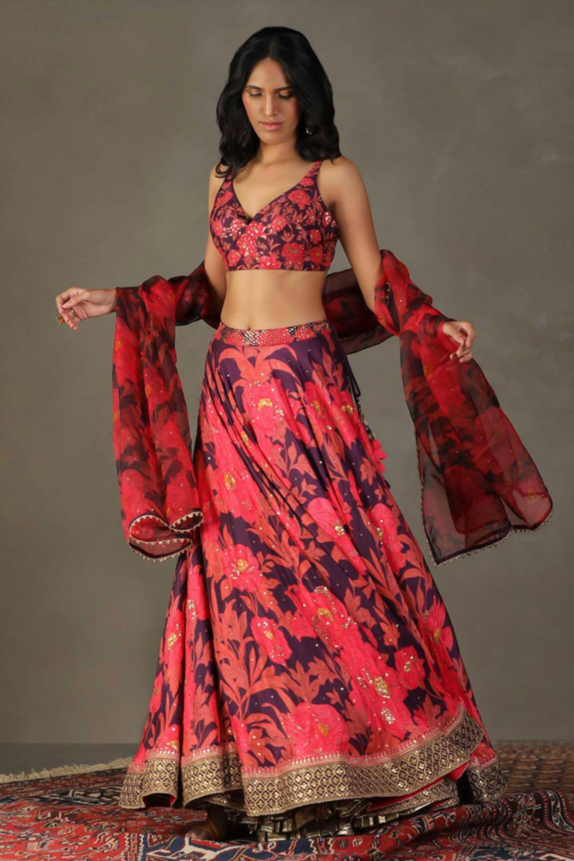 RI.Ritu Kumar Bella Silk Floral Jaal Print Lehenga Set