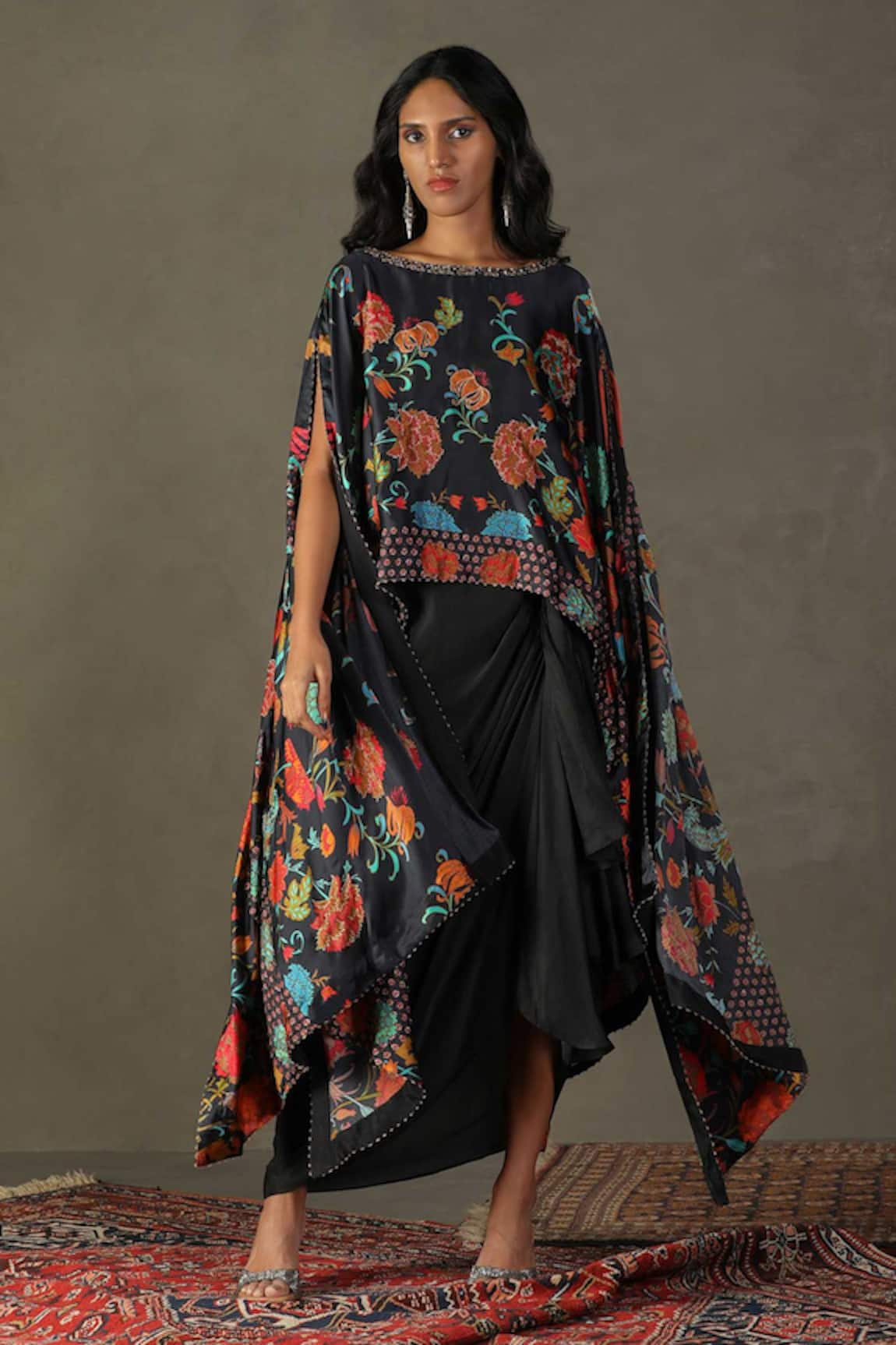 RI.Ritu Kumar Calico Floral Print Cape & Draped Skirt Set