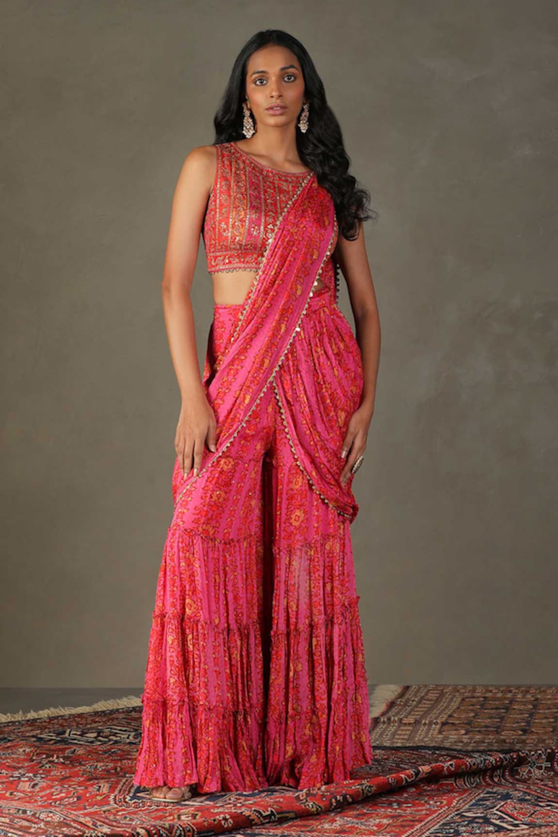 RI.Ritu Kumar Pre-Draped Bougainville Print Pant Saree With Blouse